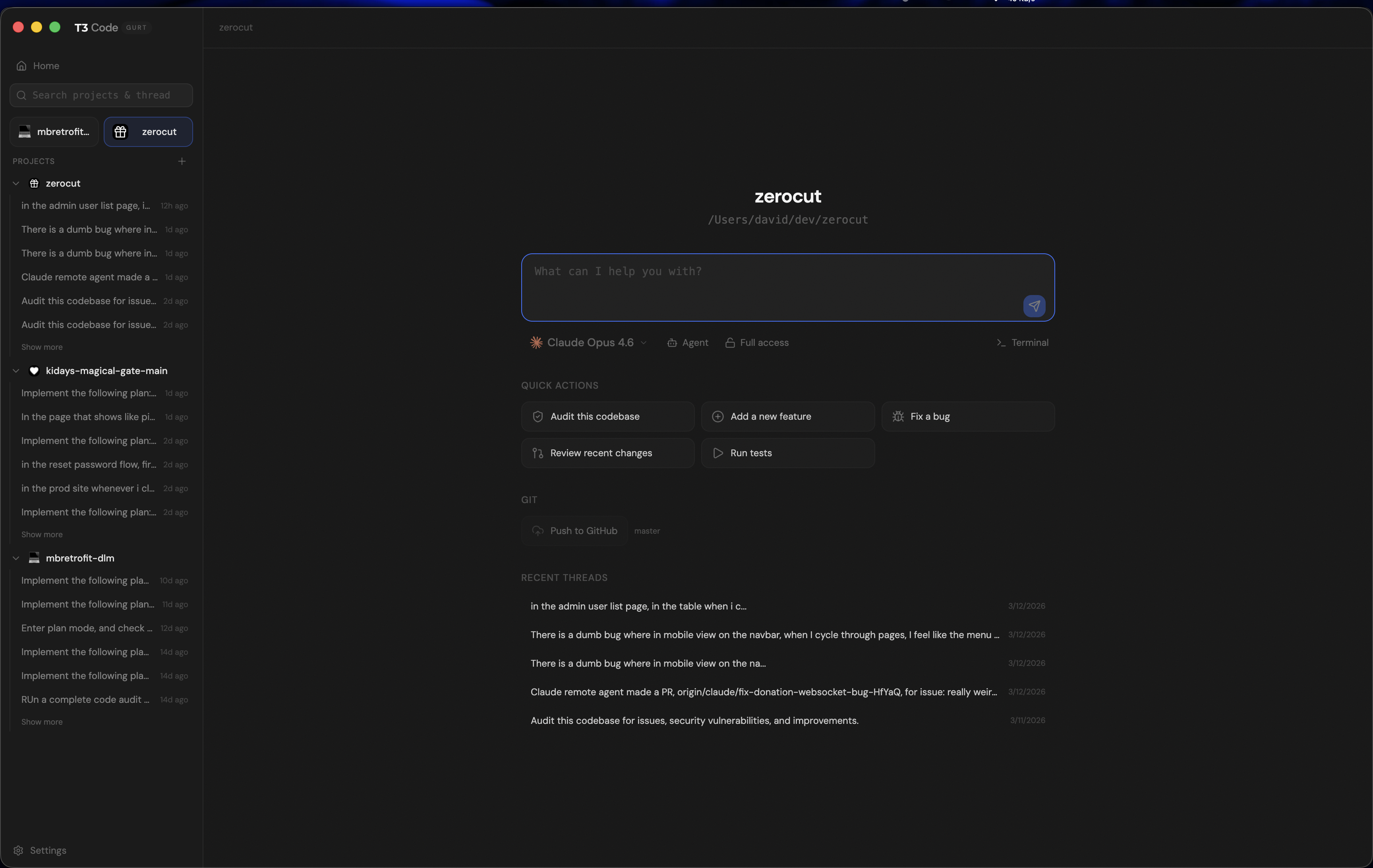 Project view with quick actions